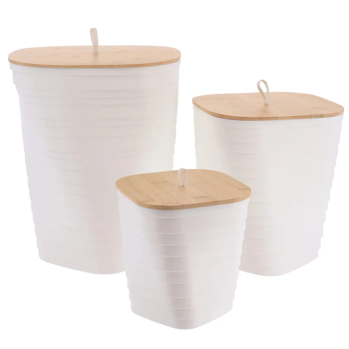 6554100 SET 3 COȘURI GUNOI PLASTIC CAPAC BAMBUS STRIATII - ALB | COȘURI DE GUNOI BAIE SET - imagine 1