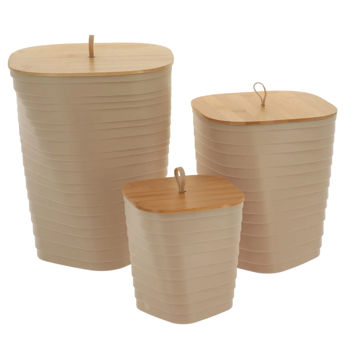 6554161 SET 3 COȘURI GUNOI PLASTIC CAPAC BAMBUS STRIATII - BEJ | COȘURI DE GUNOI BAIE SET - imagine 1
